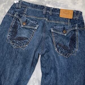 AkOO King of Oneself Blue Jeans Men’s 38 Straight Leg Feather Pocket Distressed